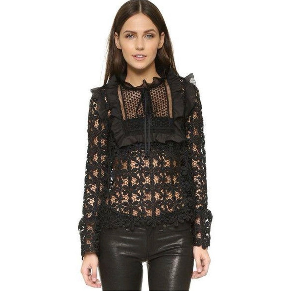 NWOT Self-Portrait Black Crochet Lace Ruffle Blouse